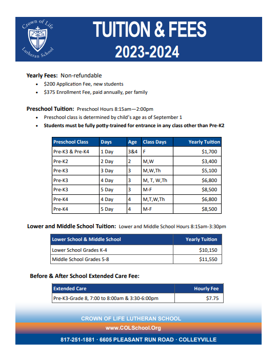 Tuition 20232024 Crown of Life Lutheran School